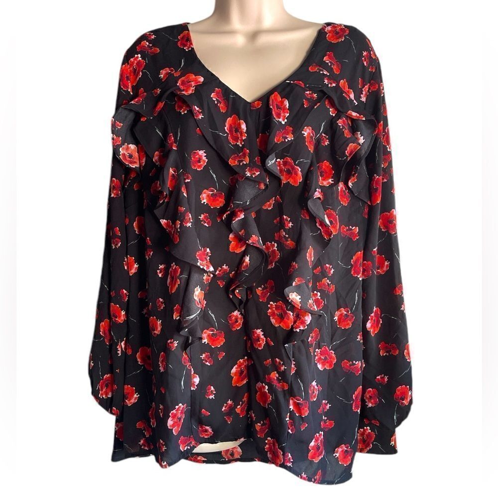 NY Collection Holiday Black Red Floral 1X Long elastic sleeve Poppy Pullover